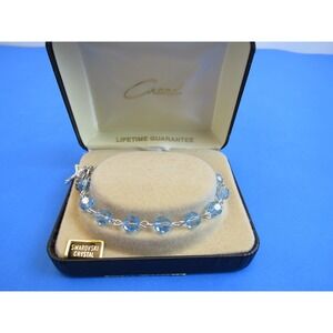 Creed Swarovski Crystal 7mm Aqua Beaded Rosary Cross Bracelet 925 Sterling